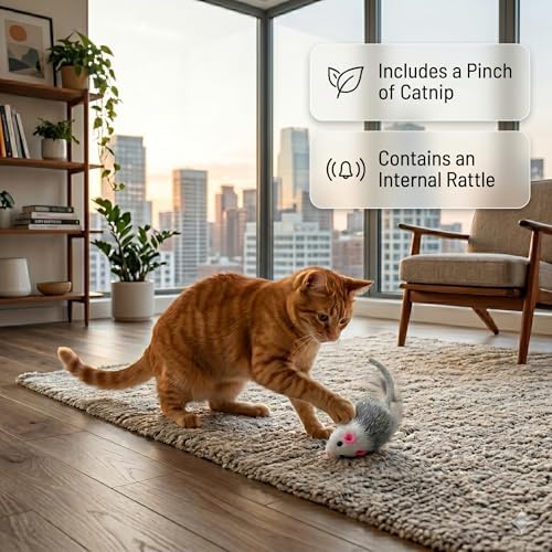 Smokey's Stash Gray and White Faux Fur Cat Mice Toy 12 Per Pack Multi Color Realistic Interactive Small Mouse with Rattle and Catnip Safe for Adult Cats and Kittens - Image 4