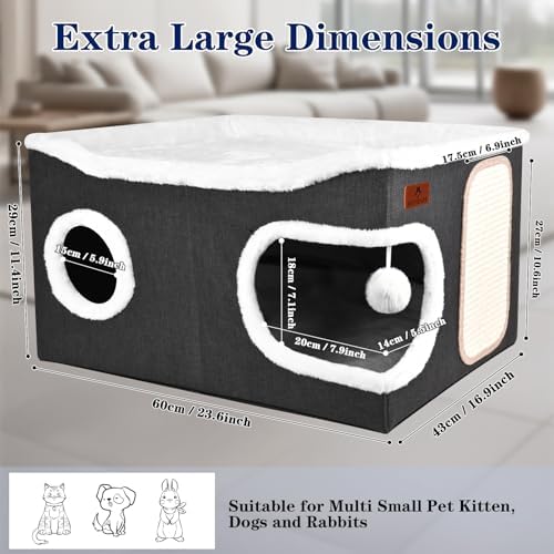 Extra Large Cat Beds for Indoor Cats, Covered Cat Cave Beds & Furniture with Scratch Pad and Fluffy Ball, Foldable Cat Condo with Reversible Cushion for Multi Small Pet Large Kittens, Dark Grey - Image 2
