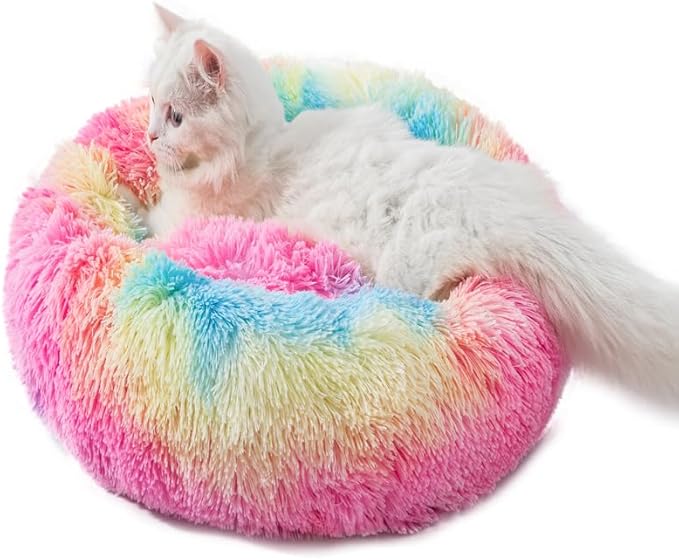 Cat Beds for Indoor Cat Dog Bed Dog Donut Bed Small Pet Bed Dog Calming Bed Warm Puppy Bed Cat Beds Baby Kitten Bed Fluffy Donut Bed Up to 7 Lbs Small Pet