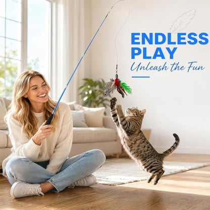 Retractable Cat Wand Toy, Interactive Cat Feather Toy with 3/7 Refills, Cat Fishing Pole with Plush Worm, Pom Pom & Attachments for Indoor Cats Kitten (15, 3-Section Telescopic Pole（39in）) - Image 4