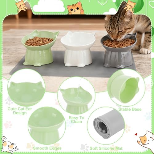 3 Pcs Elevated Cat Bowls 15°Raised Cat Food Bowl with Silicone Mat 3 Colors - Image 4