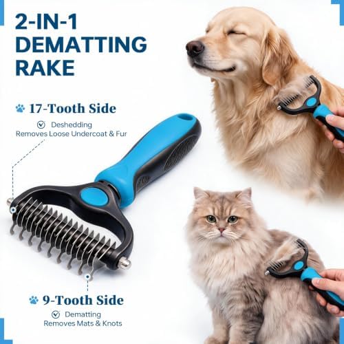 Pet Grooming Comb, Deshedding Dog Brush & Undercoat Rake, Blue - Image 2