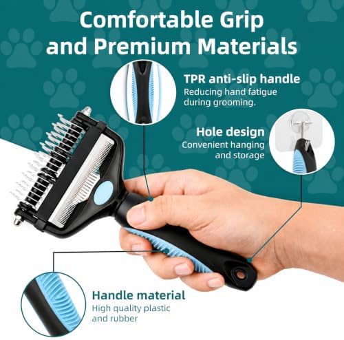 3-IN-1 Pet Grooming Tool - Undercoat Rake, Dematting Comb & Deshedding Brush for Cats, Dogs, Horses - Removes Mats, Tangles & Loose Fur, Reduces Shedding & Prevents Hair Mess (Blue) - Image 3