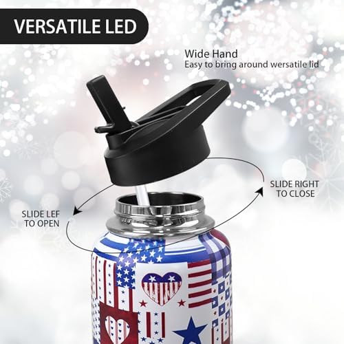 32oz American Flag Flip Stainless Insulated Aater Water Bottle with Straw,4th of July Gym Hiking Sports Coffee Mug Cup Water Bottles,Patriotic Military Gifts For Veterans, Police - Image 3