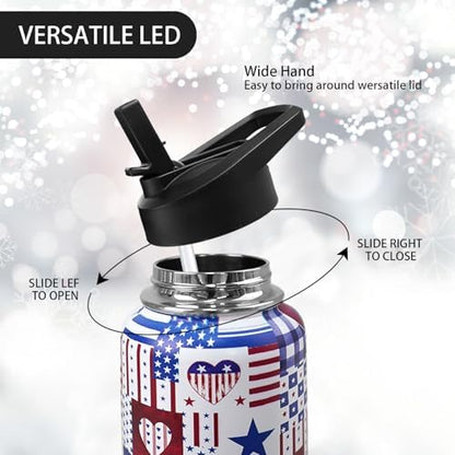 32oz American Flag Flip Stainless Insulated Aater Water Bottle with Straw,4th of July Gym Hiking Sports Coffee Mug Cup Water Bottles,Patriotic Military Gifts For Veterans, Police - Image 3