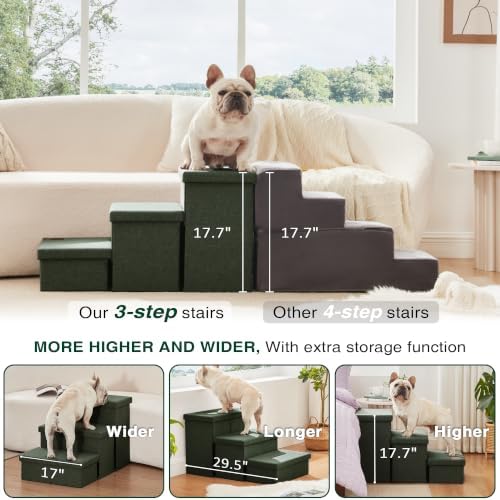 Love's cabin Dog Stairs for High Bed, Foldable Pet Stairs for Small Medium or Large Dogs Puppy with Storage for Bed or Couch, Cat Dog Steps Ramp with Zip up to 200 lbs, Dark Green, 3 Steps - Image 3