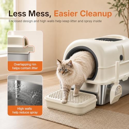 OROLEY XXXL Stainless Steel Cat Litter Box with Lid, Extra Large Enclosed Metal Litter Box for Big Cats, High Sides Prevent Leaks & Odors, Non-Stick Easy Clean, Includes Scoop & Step - Image 4