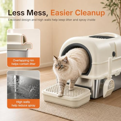 OROLEY XXXL Stainless Steel Cat Litter Box with Lid, Extra Large Enclosed Metal Litter Box for Big Cats, High Sides Prevent Leaks & Odors, Non-Stick Easy Clean, Includes Scoop & Step - Image 4