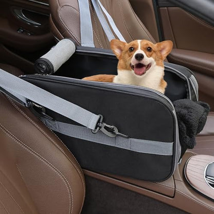 Center Console Dog Car Seat for Small Dogs,Dog Booster Car Seat with Safety Belt and Pockets,Portable Pet Armrest for Puppy Cat Under 13 lbs (Black) by RUONARIER
