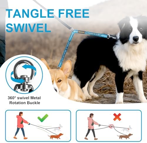 MingXpet 2 Dog Leash, Dog Leash for 2 Dogs, 360° Swivel No Tangle Double Walking Training Leashes for Small Dogs, Comfortable Shock Absorbing Reflective Bungee, Blue - Image 4