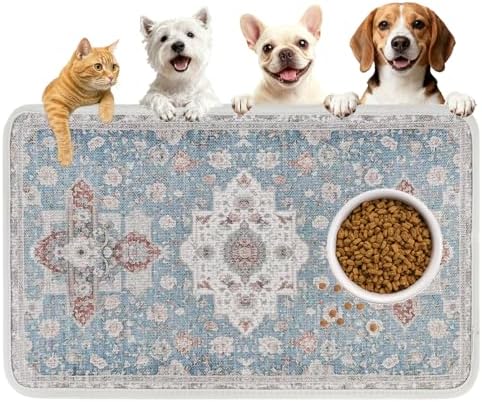 PUPTECK Dog Food Mat, Absorbent Pet Feeding Bowl Mat, Non-Slip Dog Mat for Food and Water, Quick Dry No Stains Cat Placemats Pet Supplies for Messy Drinkers, Blue 12"x20" by PUPTECK