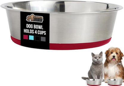 GORILLA GRIP Dog Bowl, Holds 4 Cups (32 fl oz), Food Grade 304 Stainless Steel Food and Water Bowl for Feeding Dogs and Cats, BPA Free Rubber Base, Easy Clean, Dishwasher Safe, Rust Resistant, Red
