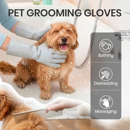DELOMO Silicone Pet Grooming Gloves Dog Washing Gloves with Comb, Grey - Image 2