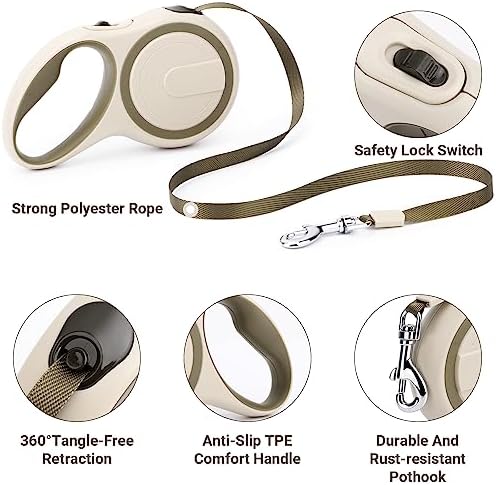 Segarty Retractable Leash Small Dog, 16ft Heavy Duty Walking Dog Leash for Medium Pet up to 44lb, Anti-Slip Handle 360°Tangle-Free Nylon Tape, One-Handed One Button Lock and Release (Khaki) - Image 3