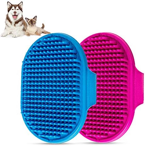 Dog Bath Brush Pet Bath Comb Brush Soothing Massage Rubber Comb 2pcs with Adjustable Ring Handle for Long Short Haired Dogs and Cats (Blue+Rose) by Aoche
