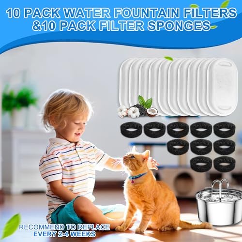 Cat Water Fountain Filters, 20Pack Cat Fountain Replacement Filters for Stainless Steel 108oz/3.2L& 67oz/2L adjustable Water Flow Pet Water Fountain,Dog Water Fountain Filters（10 Filters& 10 Sponges) - Image 5