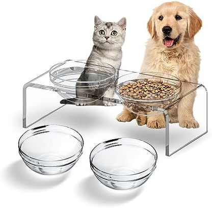 Acrylic Pet Feeder Stand Set for Food Water with 2 Set Glass & Plastic Bowls, Raised Dishes Rack Suitable for Puppies, Kittens and Small Dogs, Clear by LFTYTUO