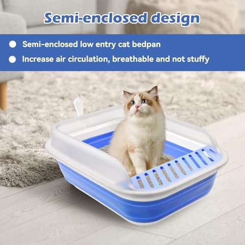 High Sided Cat Litter Box, Anti-Splashing Low Entry Cats Litter Pan with Scoop Collapsible Foldable Shallow Kitten Potty Toilet Waterproof Cat Travel Litterbox Semi-Enclosed Easy Clean(Blue) - Image 4