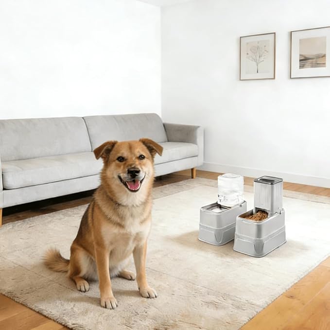 Elevated Automatic Pet Feeder & Water Dispenser, 128oz/3.8L Water & 4.4lb Food Capacity, Stainless Steel Bowl, 2-Level Height Adjustable, Neck Protection for Small/Medium Dogs & Cats