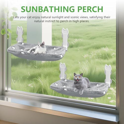 2 Pack Cat Window Perch, Glow in The Dark Foldable Cat Window Hammock with Sunken Design, Removable Soft Cover, Breathable Cordless Window Bed for Cats Inside Holds up to 40lbs (Star Grey) - Image 3