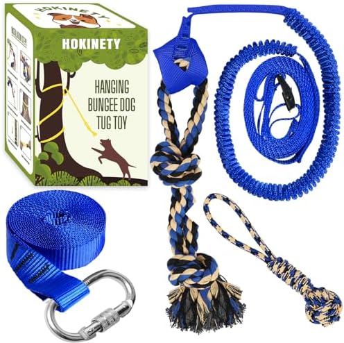 Dog Hanging Bungee Tug Toy: Interactive Tether Tug-of-War for Pitbull Small to Large Dogs to Exercise and Training Equipment - Outdoor Tree Tugger Dog Rope Toy with 2 Chew Rope Toys - Blue by HOKINETY
