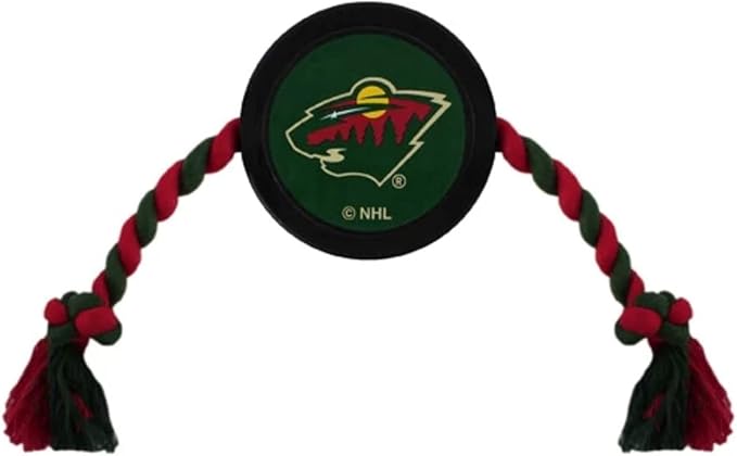 Pets First NHL DOG RUBBER TOY Tough Rubber with HEAVY-DUTY Dog ROPE Tug Toy. NHL MInnesota Wild Puck Toy for Dogs & Cats. Play Hockey with Your Pet with This Licensed Dog Puck Rubber Cool Toy!