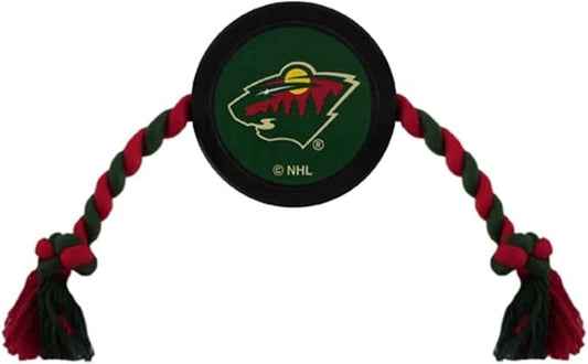 Pets First NHL DOG RUBBER TOY Tough Rubber with HEAVY-DUTY Dog ROPE Tug Toy. NHL MInnesota Wild Puck Toy for Dogs & Cats. Play Hockey with Your Pet with This Licensed Dog Puck Rubber Cool Toy!