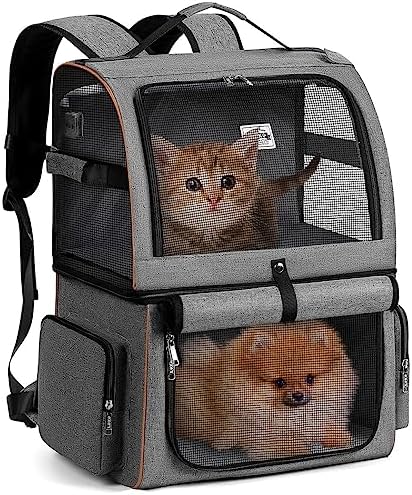 Double Cat Backpack Carrier for 2 Cats, Double-Compartment Pet Carrier Backpack for Two Small Cat or One Medium Cat, Cats Carrier Backpack Dog Carrier Backpack Fits Up to 24 Lbs,Grey by LEKEBOBOR