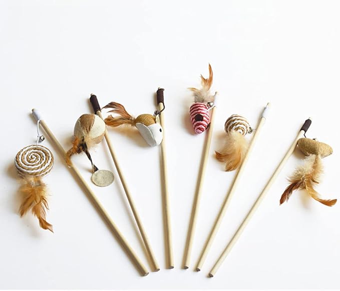 Artshu 6pcs 40cm Feather Linen Wand Cat Catcher Teaser Stick Interactive Toys Wood Rod Mouse Toy with Mini Bell