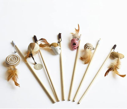 Artshu 6pcs 40cm Feather Linen Wand Cat Catcher Teaser Stick Interactive Toys Wood Rod Mouse Toy with Mini Bell