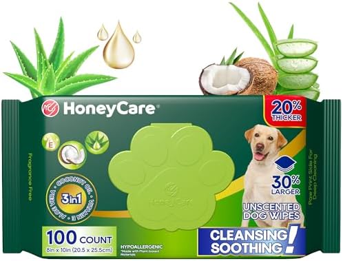 HONEY CARE Disposable Pet Wipes for Dogs & Cats, Fragrance-Free, 100 Count, Cleansing & Soothing for Paws, Butt & Body by HoneyCare