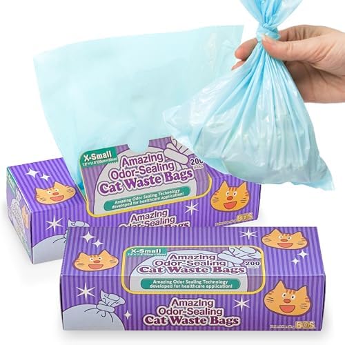 BOS Amazing Odor Sealing Cat Waste Bags - Durable and Unscented [Size: XS, Color: Light Blue] (200 count, Pack of 2) (400Bags) ★Too Small to get a Litter Scoop Inside! by BOS