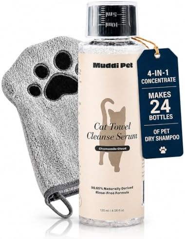 4-in-1 Waterless Cat Shampoo and Conditioner Concentrate with Mitt, Makes 24 Bottles of Dry Shampoo for Cats – Cleanses, Conditions, Moisturizes & Deodorizes, 98%+ Naturally Derived - Rinse-Free by Home