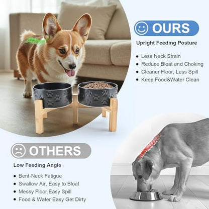 SPUNKYJUNKY Elevated Dog Bowls Ceramic, 6.1'' Dogs and Cat Food Water Bowls Raised with Non-Slip Bamboo Stand for Medium Sized Breed Microwave Dishwasher Safe - 28.7 OZ,Paw Black - Image 3