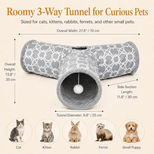 Geometric 3 Way Cat Tunnel with Plush Inside,Cats Toys Collapsible Tunnel Tube with Balls, for Rabbits, Kittens, Ferrets,Puppy and Dogs - Image 5