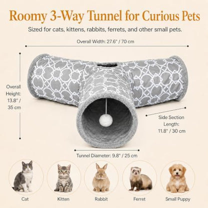 Geometric 3 Way Cat Tunnel with Plush Inside,Cats Toys Collapsible Tunnel Tube with Balls, for Rabbits, Kittens, Ferrets,Puppy and Dogs - Image 5