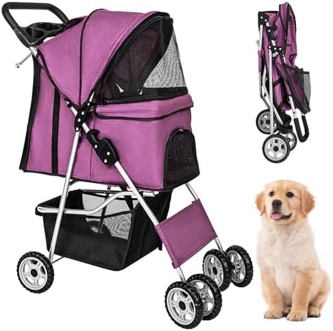 FDW 4 Wheels Pet Stroller Folding Dog Cat Jogger Stroller with Storage Basket &Cup Holder Portable Lightweight Travel Carrier, Purple by FDW