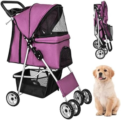 FDW 4 Wheels Pet Stroller Folding Dog Cat Jogger Stroller with Storage Basket &Cup Holder Portable Lightweight Travel Carrier, Purple by FDW