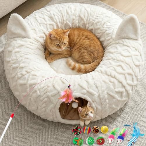 Cat Tunnel Bed, White Christmas Tree Cat Tunnel Skirt for Indoor Cats by OurWarm