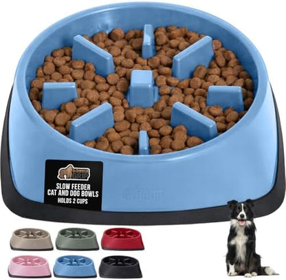 GORILLA GRIP® Patented Slow Feeder Dog and Cat Bowl, BPA Free, 2 Cup Blue by GorillaGrip