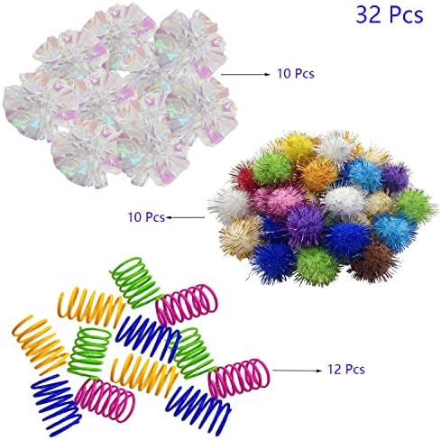 32 Pcs Crinkle Balls Cat Toy and Cat Spring Toy, 12 Pcs Mylar Crinkle Ball, 10 Pcs Cat Spiral Spring, 10Pcs Sparkle Balls Tinsel poms, for Cats Kittens Playing Interacting - Image 6