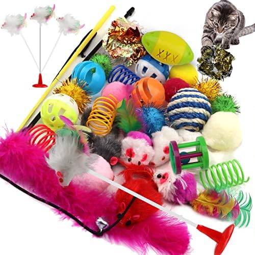 Cat Toys Kitten Toys Assortments, 32 Packs Cat Toys Variety Pack for Kitty, Cat Balls with Bells,Cat Feather Toy, Cat Mouse Toy, Cat Crinkle Balls, Catnip Toys for Indoor Cats Kittens by Unknown