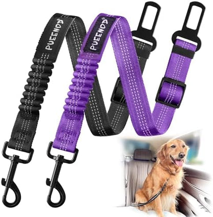 2 Pack Dog Seat Belt Adjustable Dog Car Seatbelts for Vehicle Nylon Pet Safety Seat Belt with Elastic Bungee Buffer Reflective & Durable Car Harness for Dogs (Black + Purple) by PUEENOD