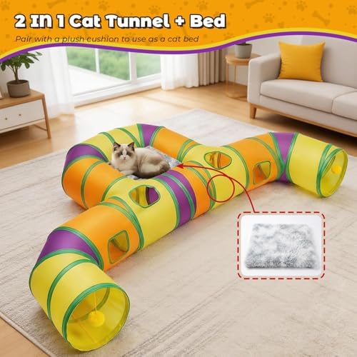 Cat Tunnel for Indoor Cats Large, Collapsible Cat Playhouse Pet Play Tunnel Tube Maze with Hanging Pom-Poms and Interactive Holes for Kitten, Kitty, Puppy, Rabbits, Ferret, Guinea Pig - Image 6
