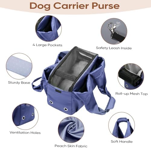 Dog Purse Carrier for Small Dogs, Cats, and Puppies – Soft-Sided Travel Pet Tote Bag with 4 Large Pockets, Foldable, Lightweight, Fits Pets up to 15 lbs, for Travel, Outings (Dark Blue) - Image 3