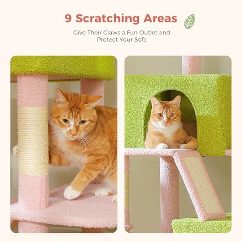 MUTTROS Flower Cat Tree Tall 70.8" for Adult Indoor Cats, 8-Levels Large Cat Tower with 8 Sisal Posts, 2 Hammocks, 2 Condos, Big Perch & 3 Pom Poms for Multi-Cats Household – Carpet Pink - Image 5