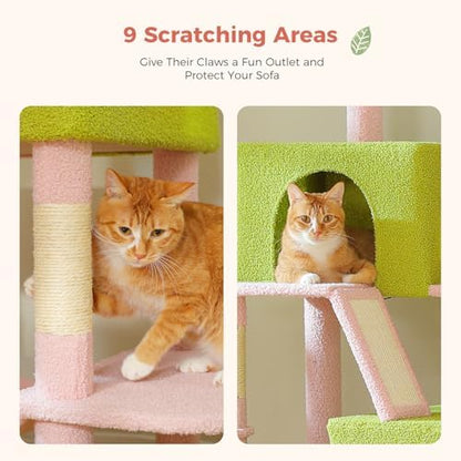 MUTTROS Flower Cat Tree Tall 70.8" for Adult Indoor Cats, 8-Levels Large Cat Tower with 8 Sisal Posts, 2 Hammocks, 2 Condos, Big Perch & 3 Pom Poms for Multi-Cats Household – Carpet Pink - Image 5