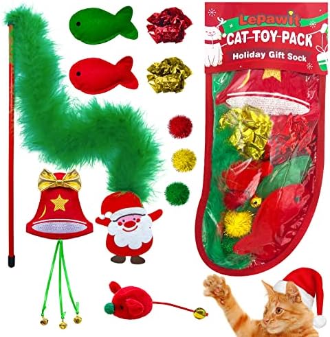 Cat Christmas Stocking, 10 Pack Christmas Cat Toys for Indoor Cats, Includes Catnip Toys, Balls and Feather Toys, Great Value by Lepawit