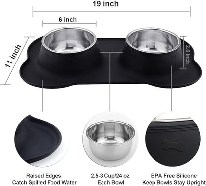 Pet Deluxe Dog Bowls Stainless Steel Dog Bowl with No Spill No Skid Silicone Mat, 24/48 oz Dog Food and Water Bowl Set Double Dog Feeder Bowl Dog Dish for Small Medium Large Sized Dogs Cats Puppy