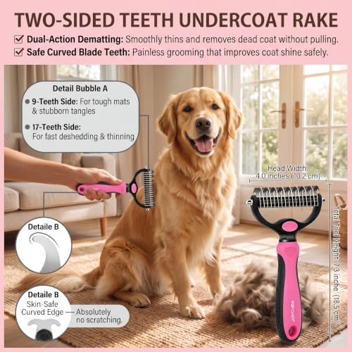 5 PCS Cat & Dog Grooming Kit Brush, Self-Cleaning Slicker Hair Brush, Nail Clipper, Undercoat Rake, Pet Bath Brush with Removable Screen,Pet Comb for Short & Long Haired Dogs Cats, Pink - Image 3